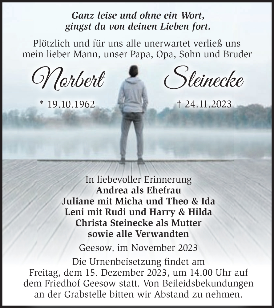 Traueranzeige für Norbert Steinecke vom 02.12.2023 aus Märkische Oderzeitung