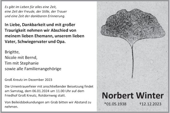 Traueranzeige von Norbert Winter von Märkische Oderzeitung