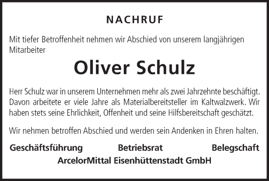 Traueranzeige von Oliver Schulz von Märkische Oderzeitung