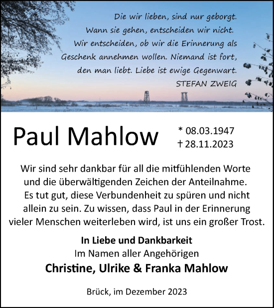 Traueranzeige von Paul Mahlow von Märkische Oderzeitung