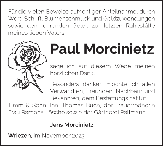 Traueranzeige von Paul Morcinietz von Märkische Oderzeitung