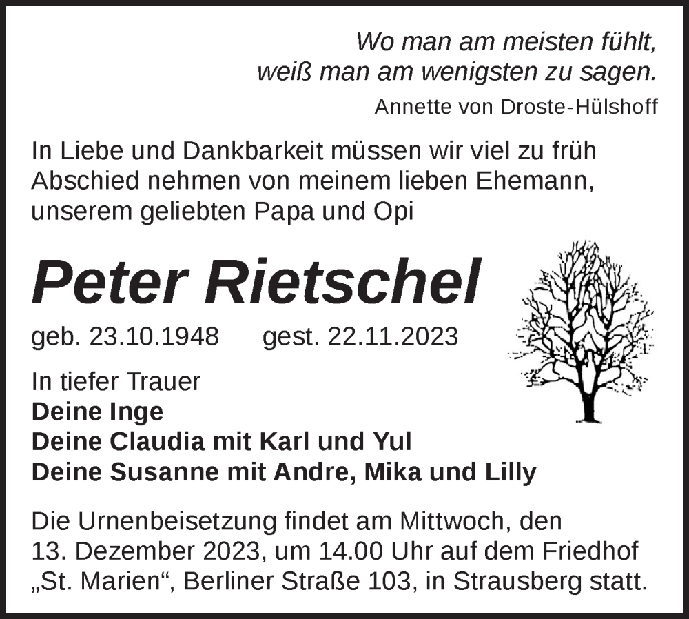  Traueranzeige für Peter Rietschel vom 02.12.2023 aus Märkische Oderzeitung