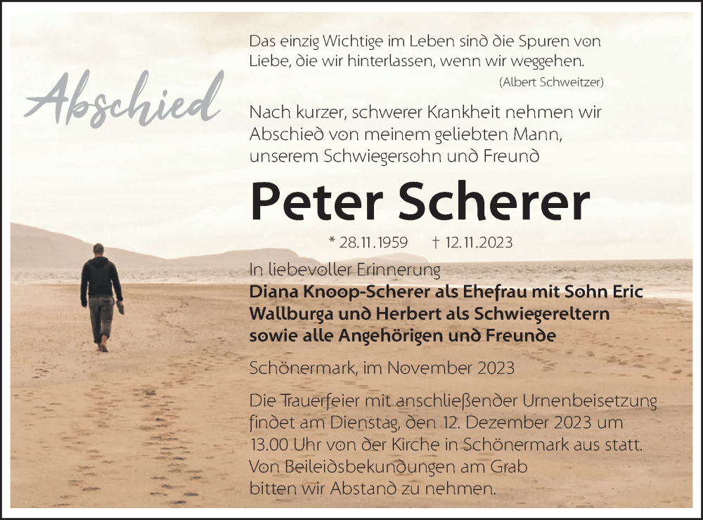  Traueranzeige für Peter Scherer vom 02.12.2023 aus Märkische Oderzeitung