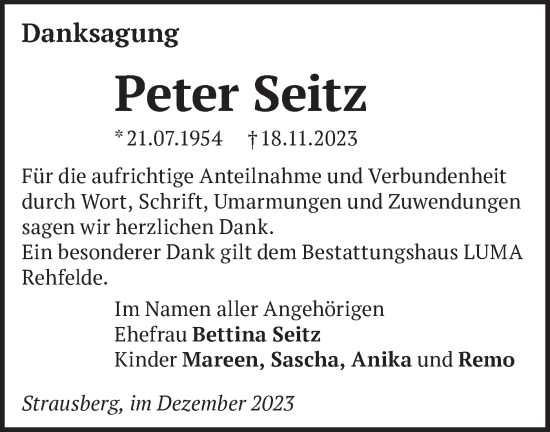 Traueranzeige von Peter Seitz von Märkische Oderzeitung