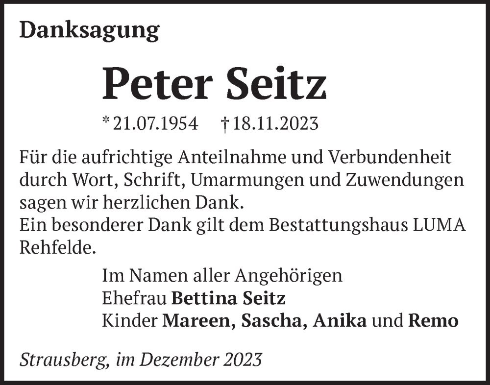  Traueranzeige für Peter Seitz vom 16.12.2023 aus Märkische Oderzeitung