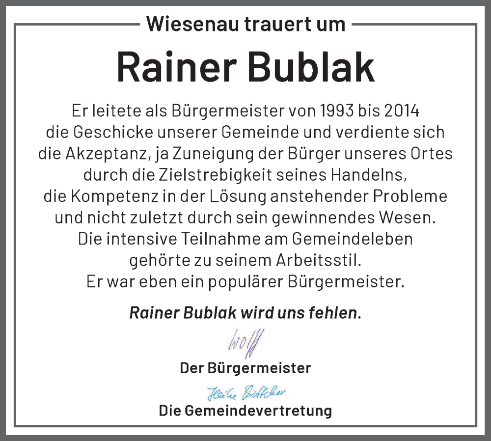 Traueranzeige für Rainer Bublak vom 02.12.2023 aus Märkische Oderzeitung