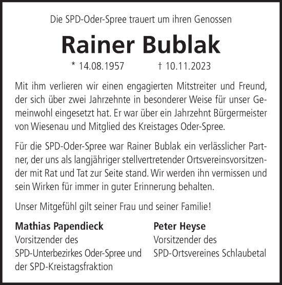 Traueranzeige von Rainer Bublak von Märkische Oderzeitung