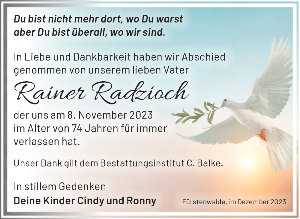  Traueranzeige für Rainer Radzioch vom 02.12.2023 aus Märkische Oderzeitung