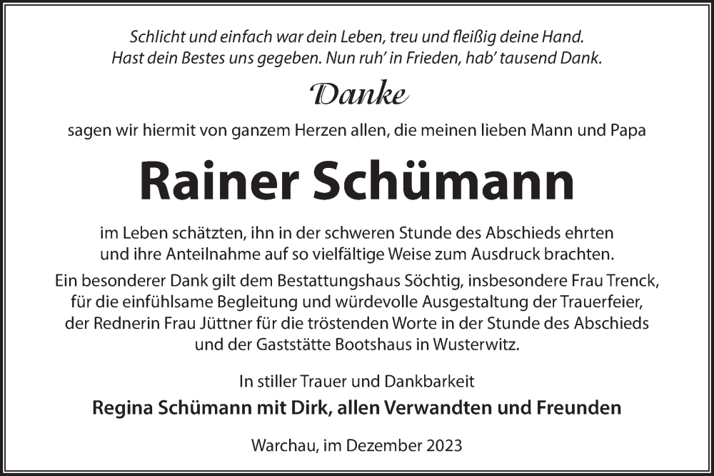  Traueranzeige für Rainer Schümann vom 16.12.2023 aus Märkische Oderzeitung