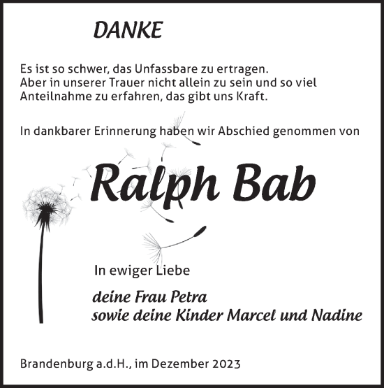 Traueranzeige von Ralph Bab von Märkische Oderzeitung