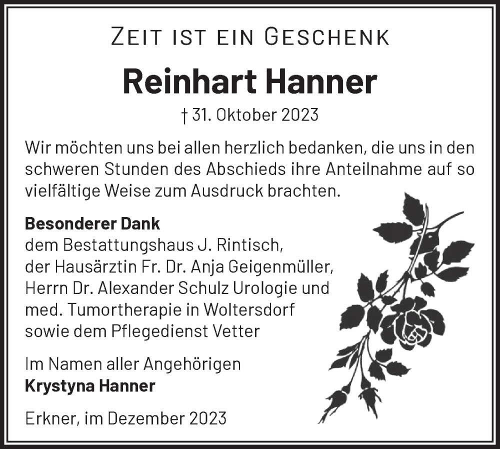  Traueranzeige für Reinhart Hanner vom 22.12.2023 aus Märkische Oderzeitung