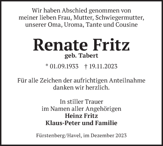 Traueranzeige von Renate Fritz von Märkische Oderzeitung