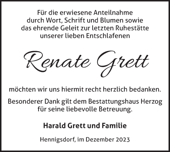 Traueranzeige von Renate Grett von Märkische Oderzeitung