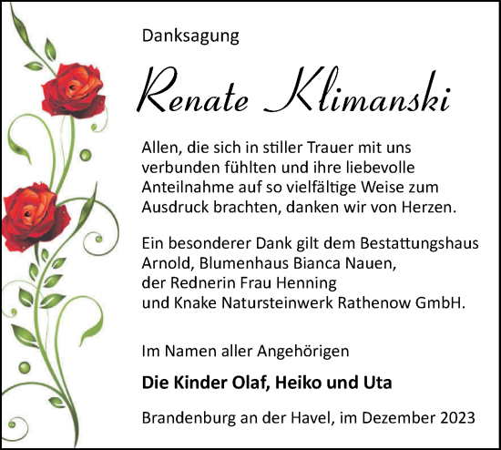 Traueranzeige von Renate Klimanski von Märkische Oderzeitung