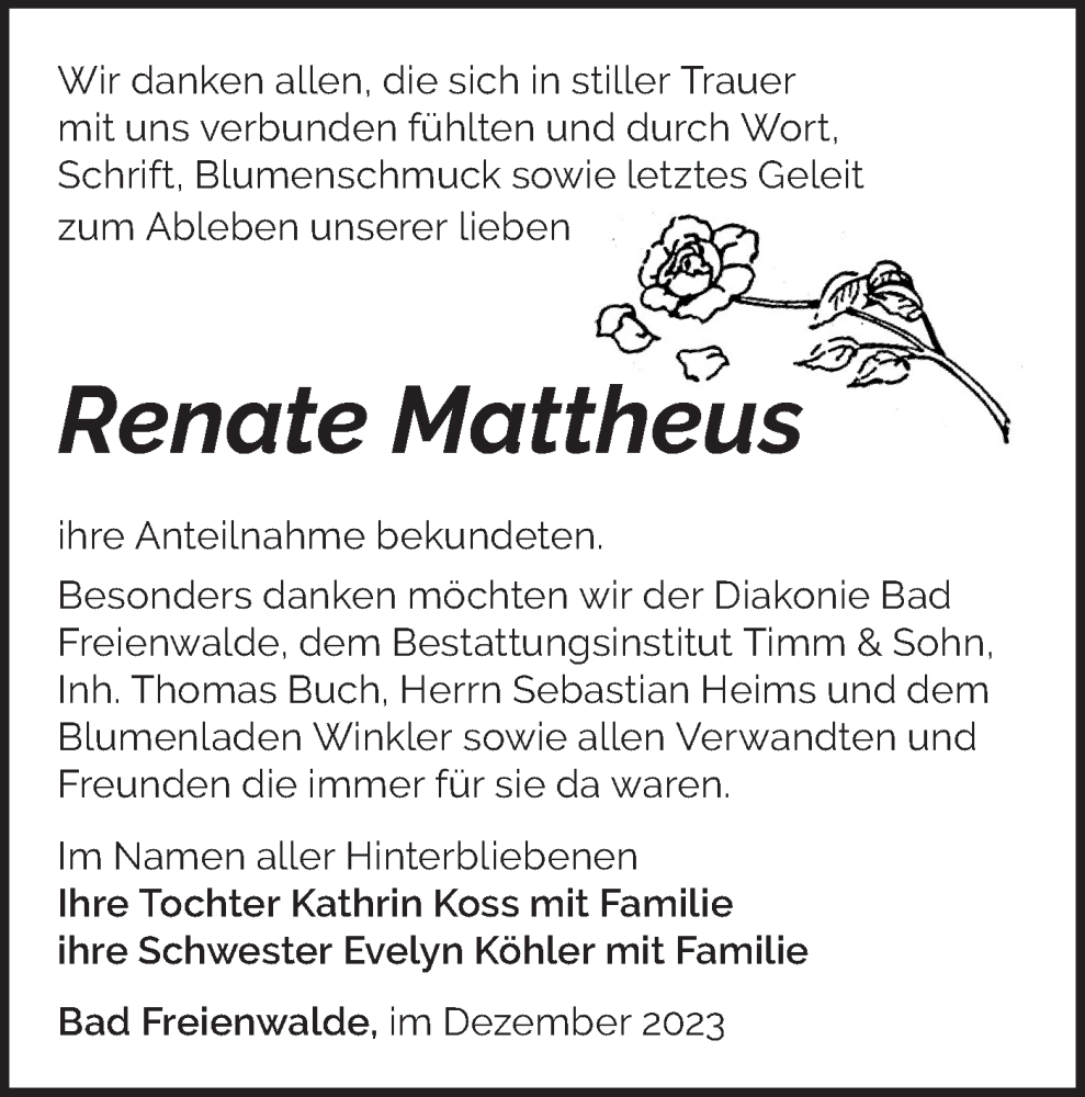  Traueranzeige für Renate Mattheus vom 23.12.2023 aus Märkische Oderzeitung