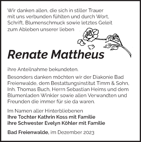 Traueranzeige von Renate Mattheus von Märkische Oderzeitung