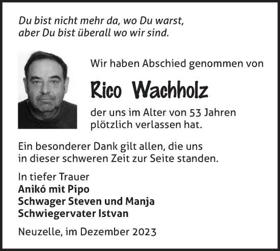 Traueranzeige von Rico Wachholz von Märkische Oderzeitung