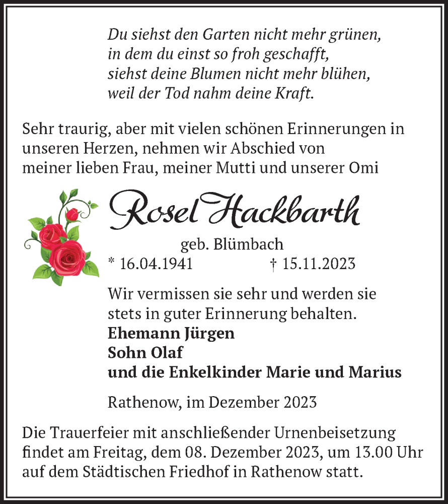  Traueranzeige für Rosel Hackbarth vom 02.12.2023 aus Märkische Oderzeitung