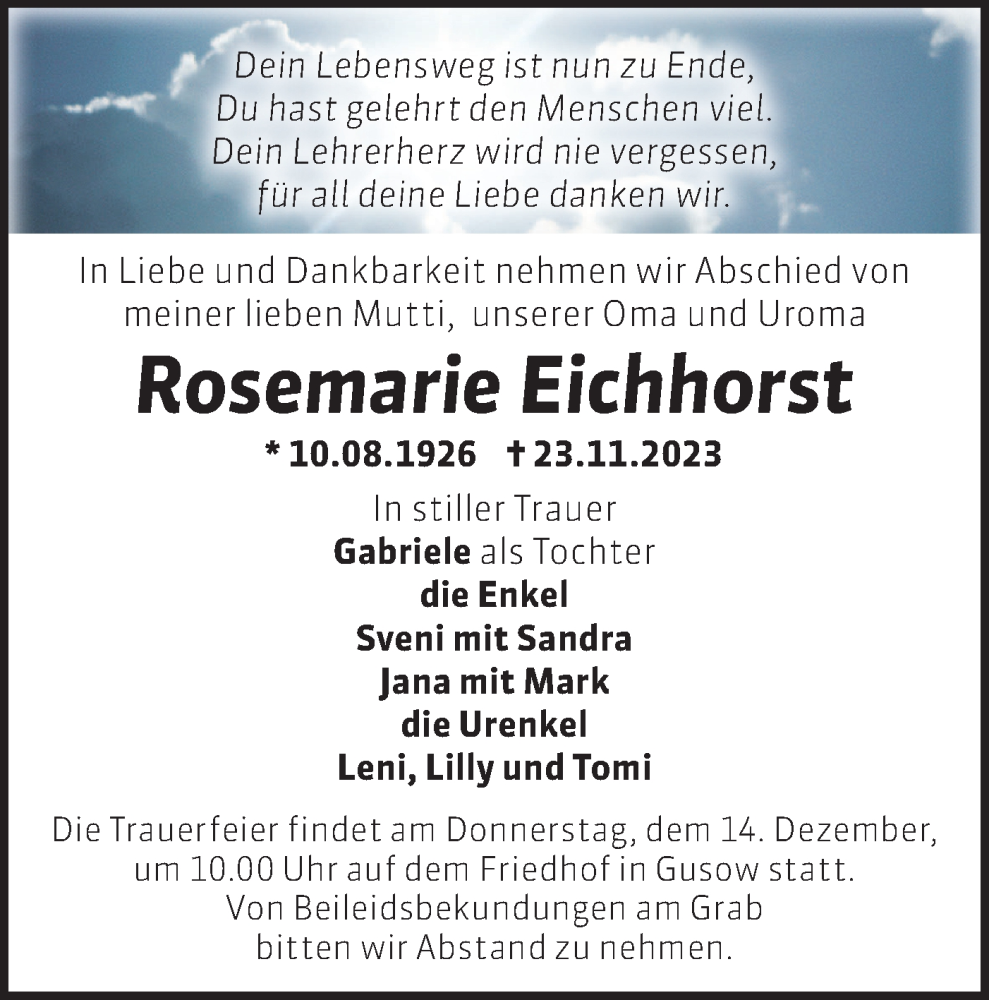  Traueranzeige für Rosemarie Eichhorst vom 02.12.2023 aus Märkische Oderzeitung
