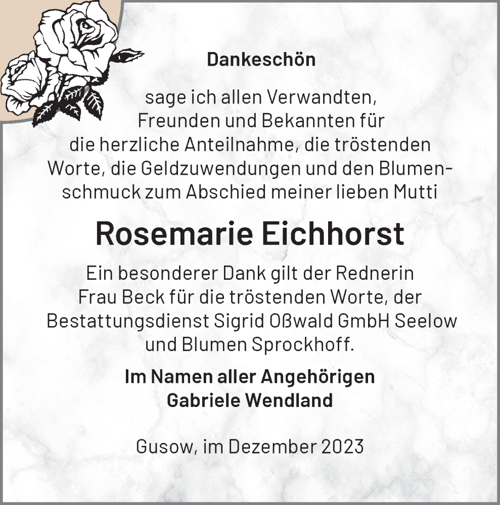  Traueranzeige für Rosemarie Eichhorst vom 23.12.2023 aus Märkische Oderzeitung