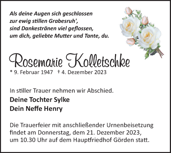 Traueranzeige von Rosemarie Kolletschke von Märkische Oderzeitung