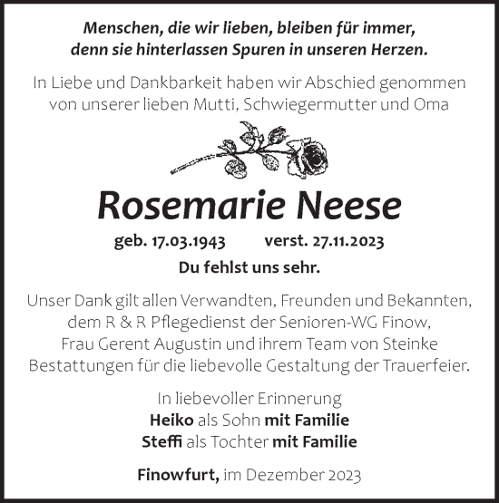 Traueranzeige von Rosemarie Neese von Märkische Oderzeitung