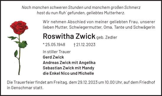 Traueranzeige von Roswitha Zwick von Märkische Oderzeitung