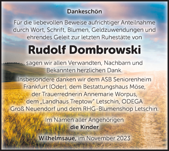 Traueranzeige von Rudolf Dombrowski von Märkische Oderzeitung