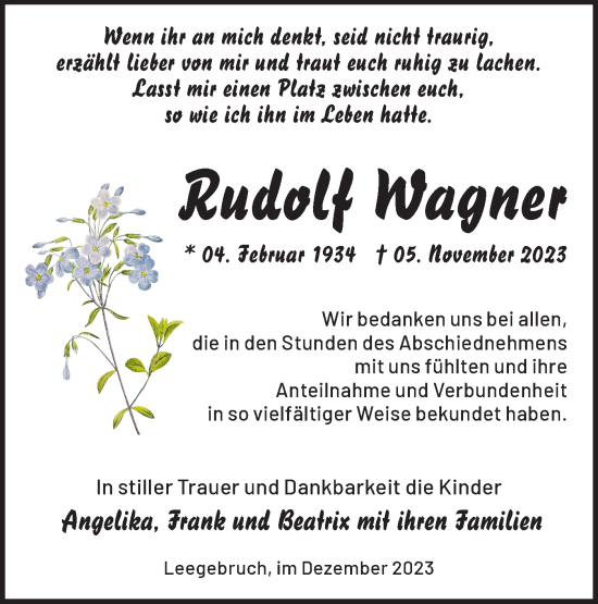 Traueranzeige von Rudolf Wagner von Märkische Oderzeitung