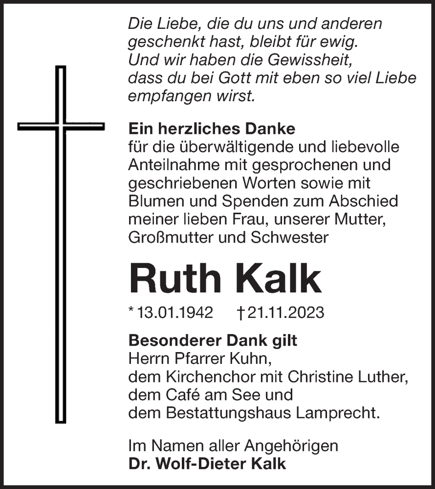  Traueranzeige für Ruth Kalk vom 09.12.2023 aus Märkische Oderzeitung