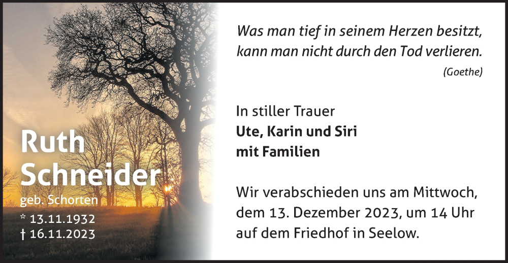  Traueranzeige für Ruth Schneider vom 02.12.2023 aus Märkische Oderzeitung