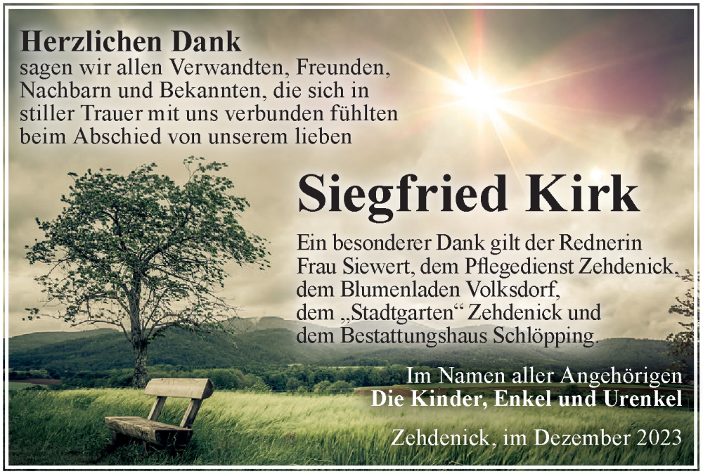  Traueranzeige für Siegfried Kirk vom 16.12.2023 aus Märkische Oderzeitung