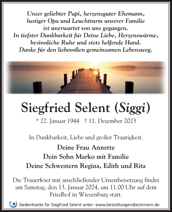 Traueranzeige von Siegfried Selent von Märkische Oderzeitung