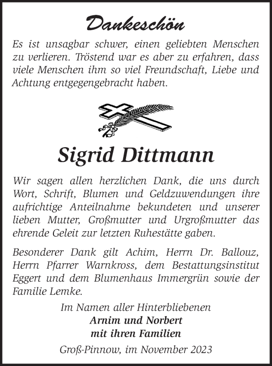 Traueranzeige von Sigrid Dittmann von Märkische Oderzeitung