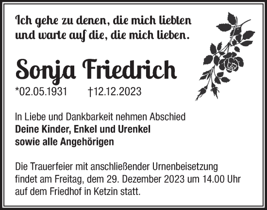 Traueranzeige von Sonja Friedrich von Märkische Oderzeitung