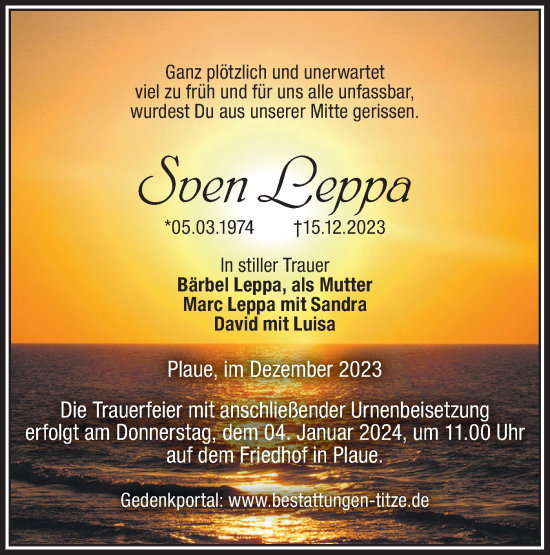 Traueranzeige von Sven Leppa von Märkische Oderzeitung