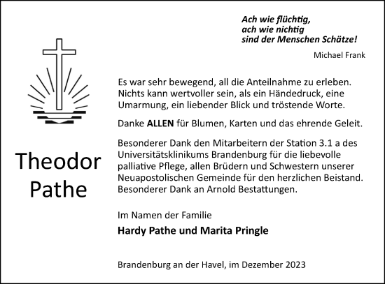 Traueranzeige von Theodor Pathe von Märkische Oderzeitung