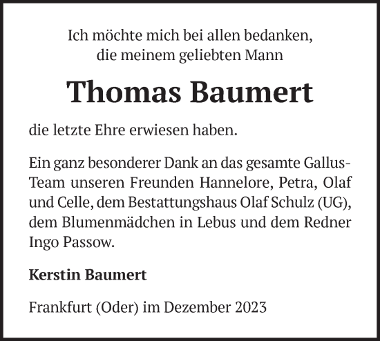 Traueranzeige von Thomas Baumert von Märkische Oderzeitung