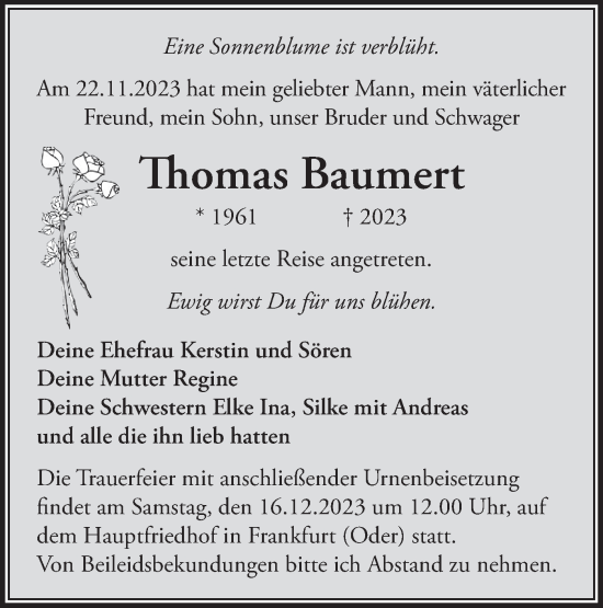 Traueranzeige von Thomas Baumert von Märkische Oderzeitung