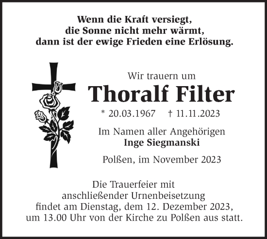 Traueranzeige von Thoralf Filter von Märkische Oderzeitung