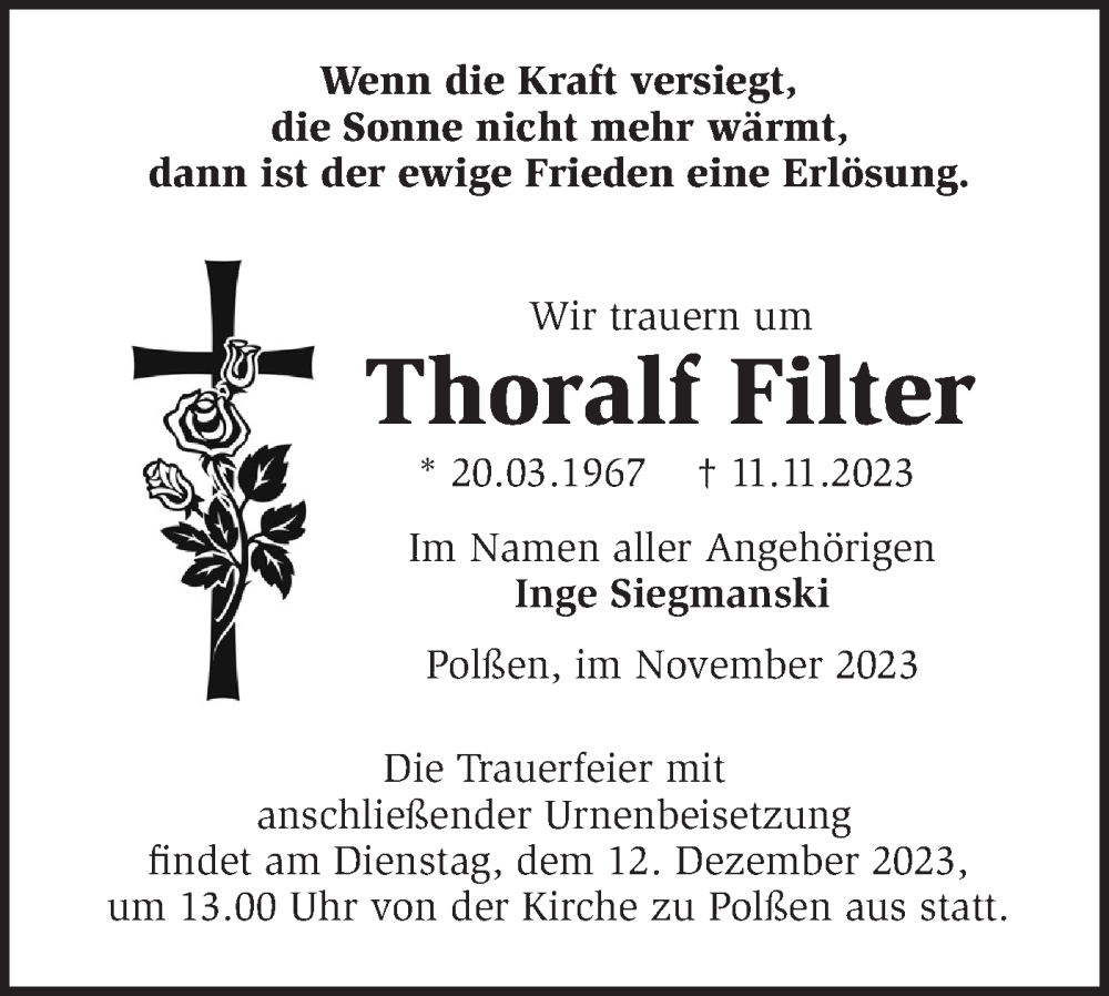  Traueranzeige für Thoralf Filter vom 02.12.2023 aus Märkische Oderzeitung