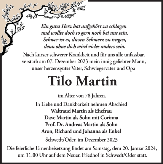 Traueranzeige von Tilo Martin von Märkische Oderzeitung