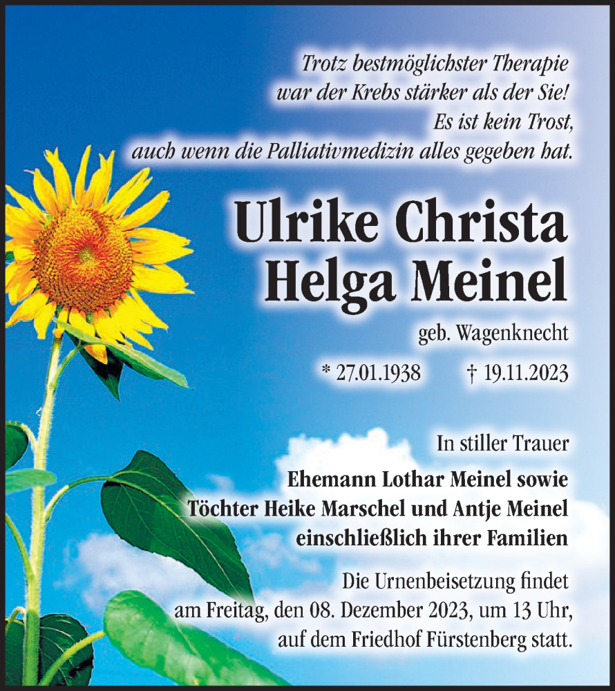  Traueranzeige für Ulrike Christa Helga Meinel vom 02.12.2023 aus Märkische Oderzeitung