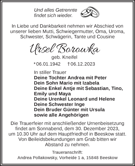 Traueranzeige von Ursel Borowka von Märkische Oderzeitung