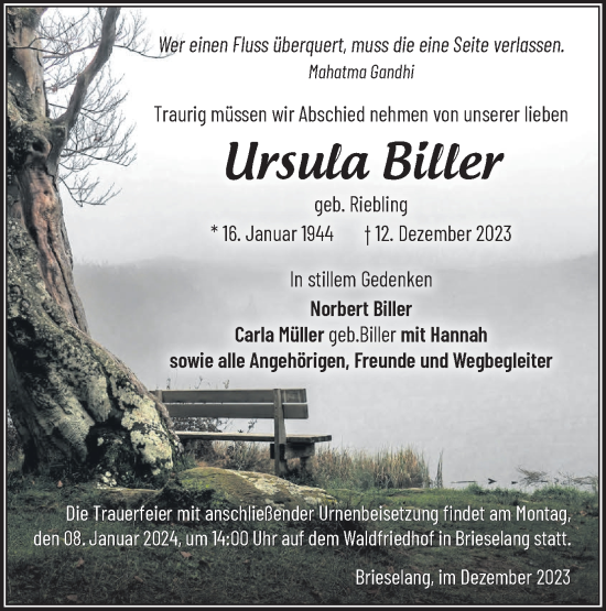 Traueranzeige von Ursula Biller von Märkische Oderzeitung