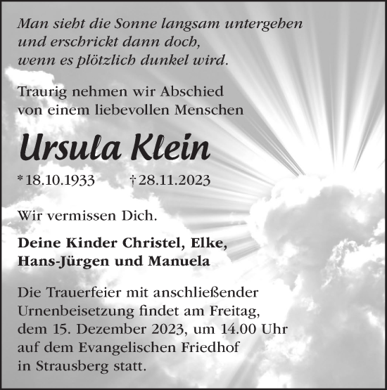 Traueranzeige von Ursula Klein von Märkische Oderzeitung