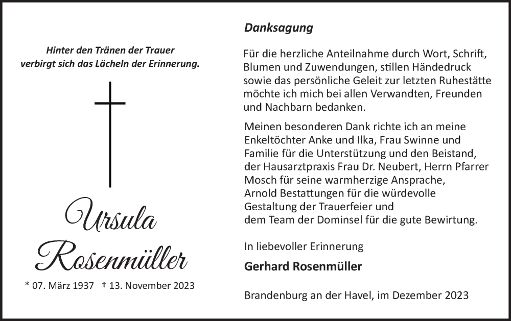  Traueranzeige für Ursula Rosenmüller vom 23.12.2023 aus Märkische Oderzeitung