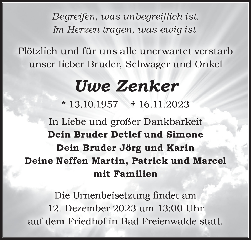  Traueranzeige für Uwe Zenker vom 02.12.2023 aus Märkische Oderzeitung
