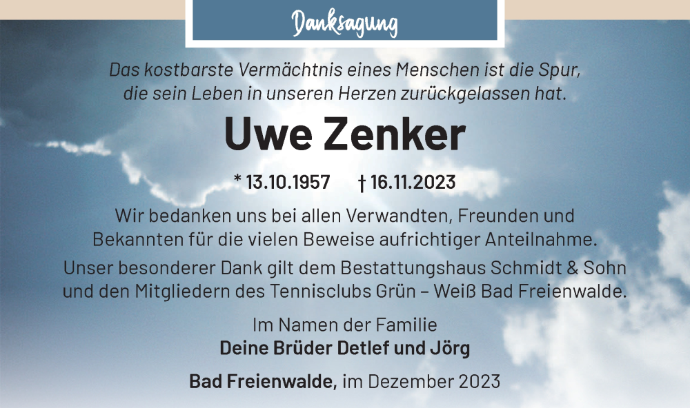  Traueranzeige für Uwe Zenker vom 22.12.2023 aus Märkische Oderzeitung