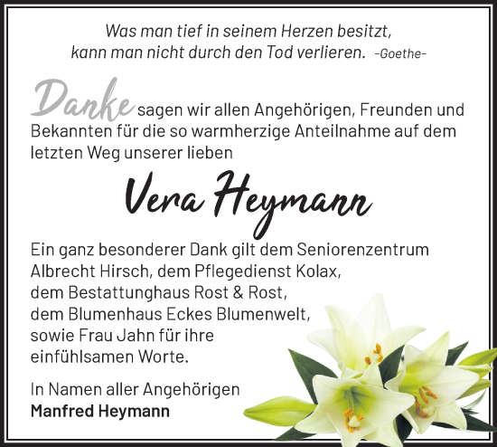 Traueranzeige von Vera Heymann von Märkische Oderzeitung